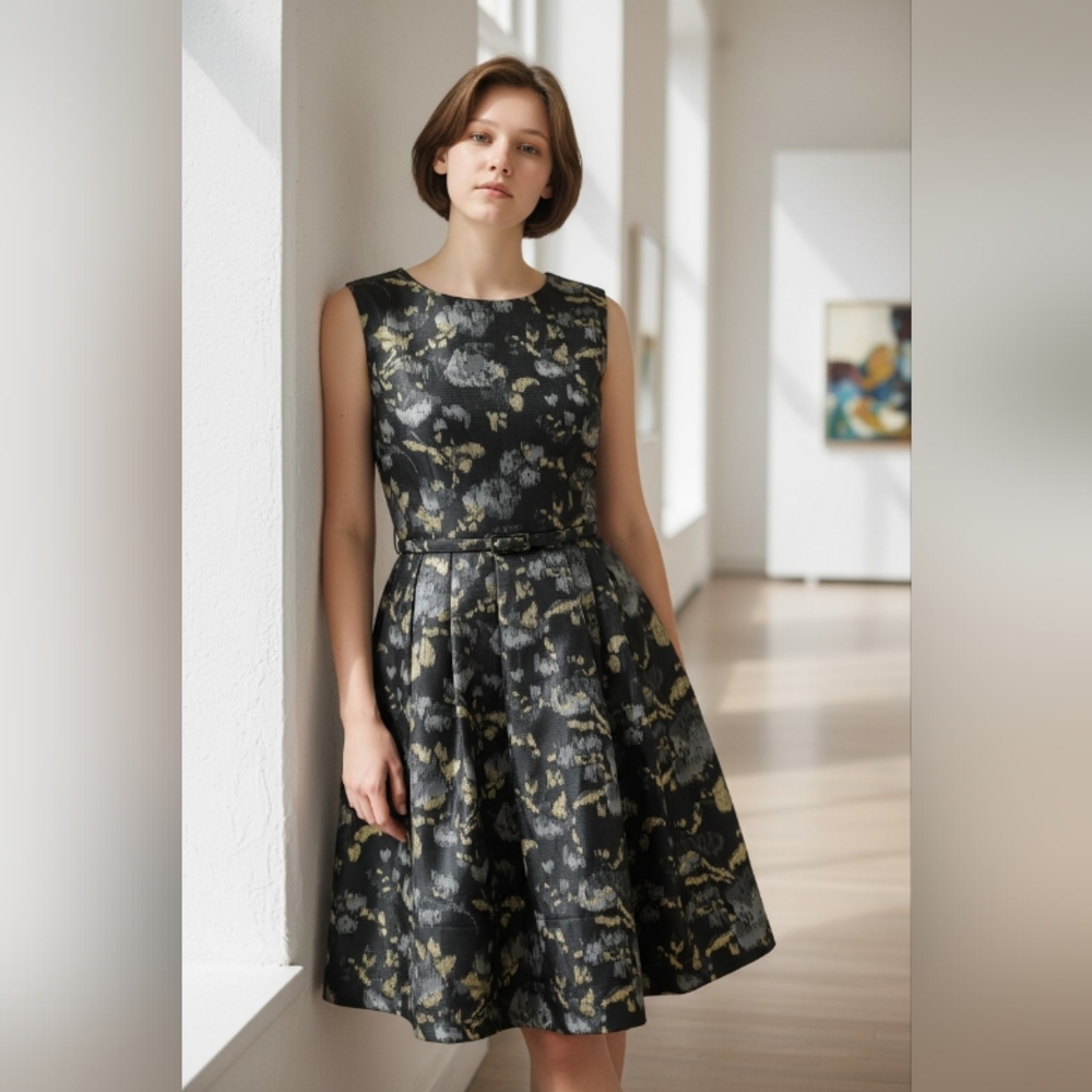 ELIZA J Elegant Black and Gold Floral Dress SIZE 2 - Picture 6 of 9